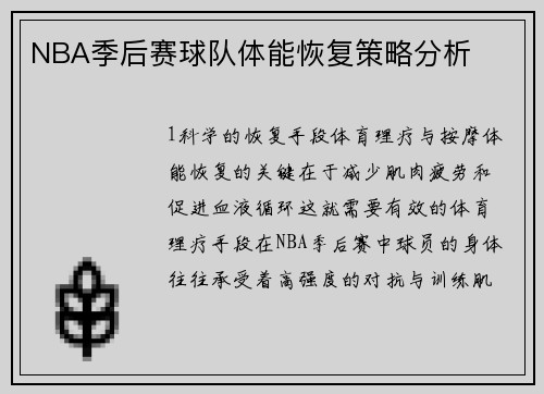 NBA季后赛球队体能恢复策略分析