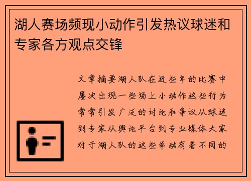 湖人赛场频现小动作引发热议球迷和专家各方观点交锋